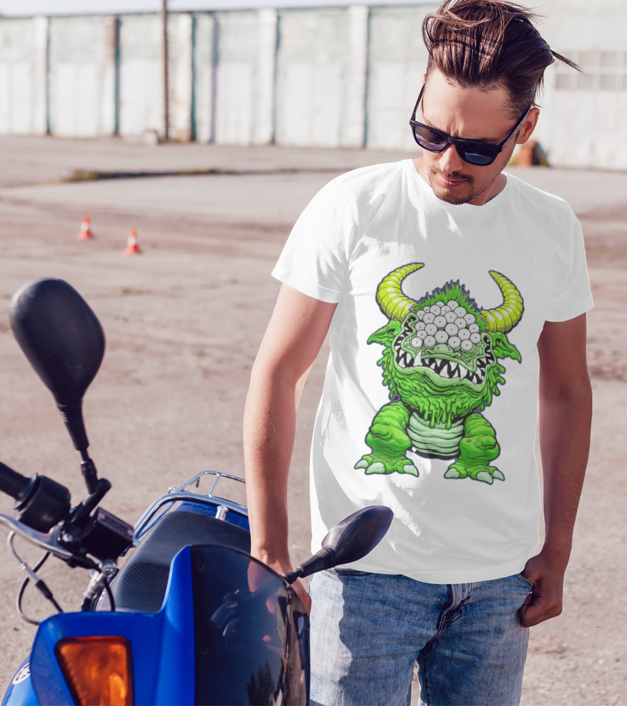Black Beast Of Aaaarrgghh Multi-Eyed Green Monster With Horns T-Shirt