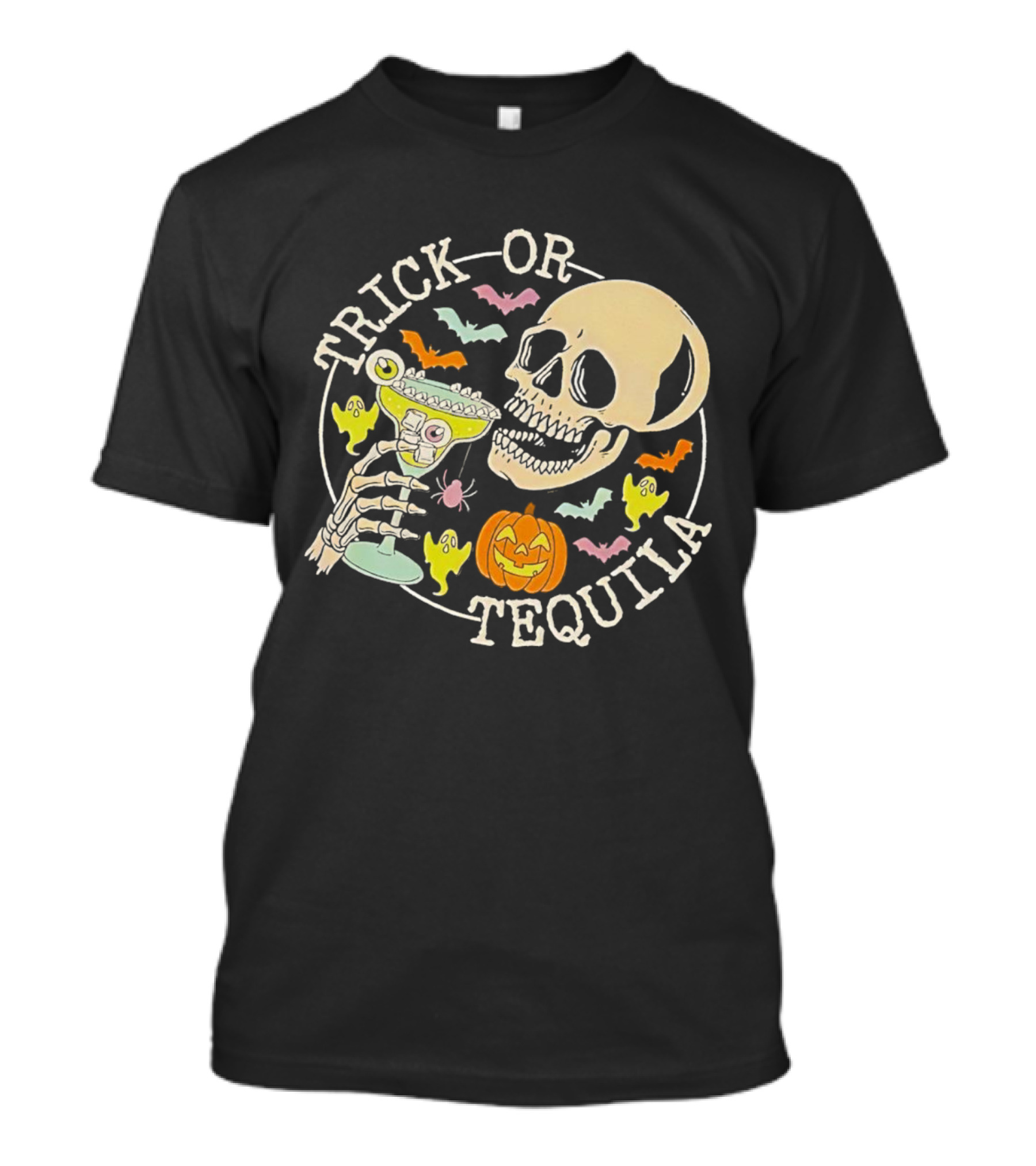 Trick Or Tequila Halloween Skeleton With Margarita, Bats, Ghosts, And Pumpkin T-Shirt