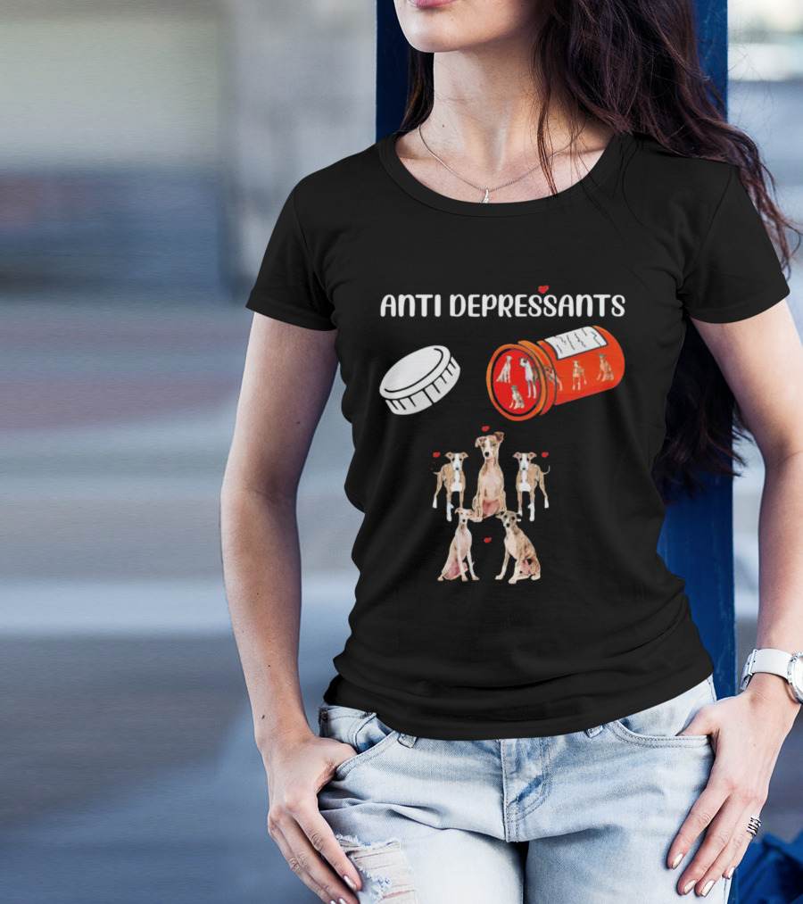 Anti Depressants Dogs Medicine Bottle With Greyhound Puppies T-Shirt