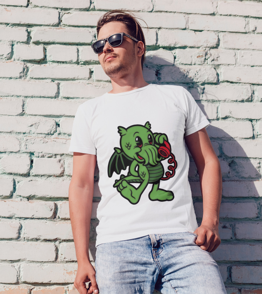 Chubby Cthulhu Phone Call Cartoon With Red Retro Telephone T-Shirt