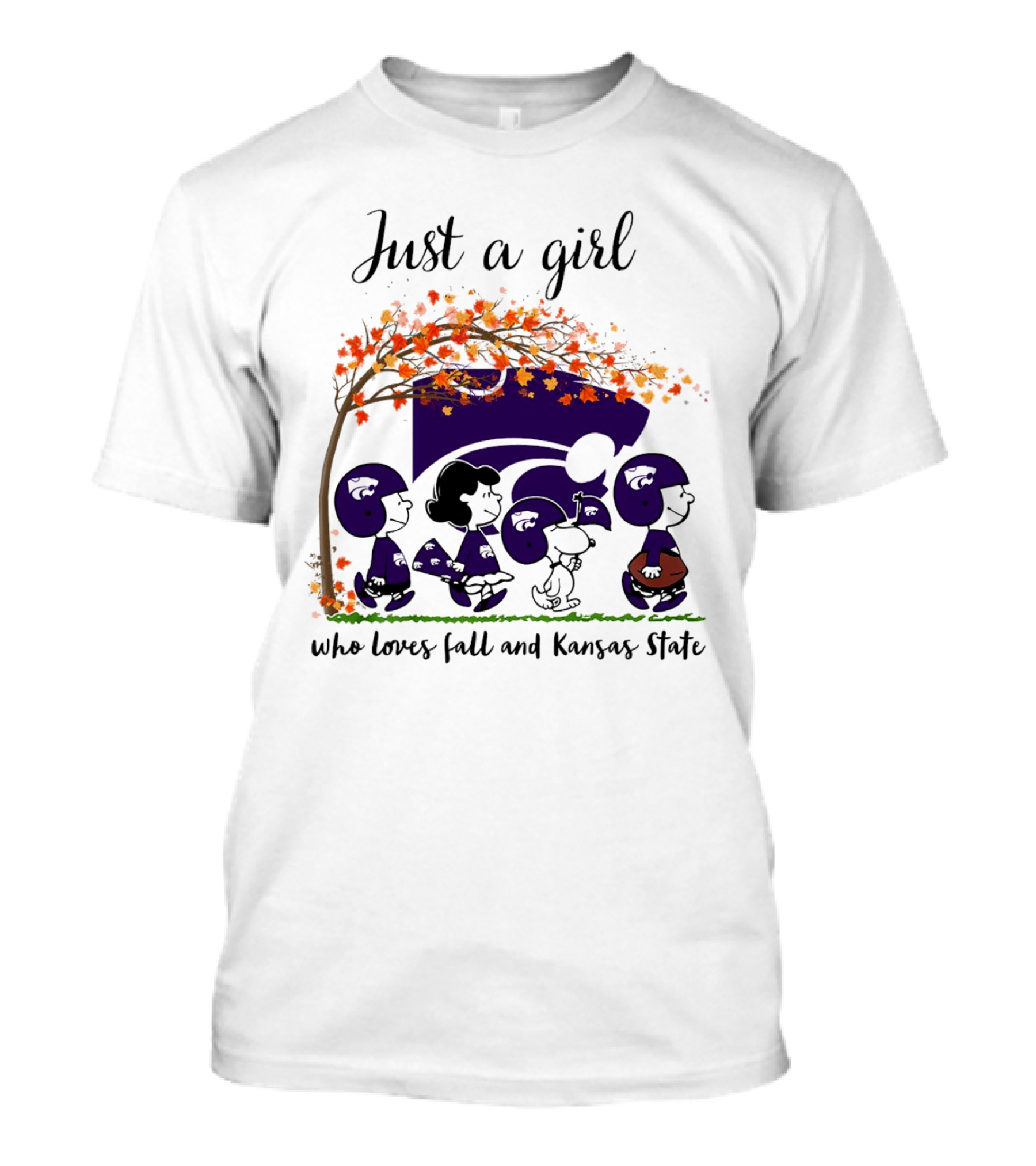 Just A Girl Who Loves Fall And Kansas State Peanuts Cartoon Halloween Football Players T-Shirt