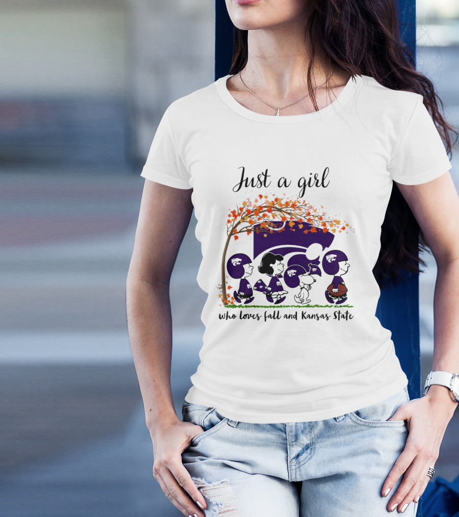 Just A Girl Who Loves Fall And Kansas State Peanuts Cartoon Halloween Football Players T-Shirt