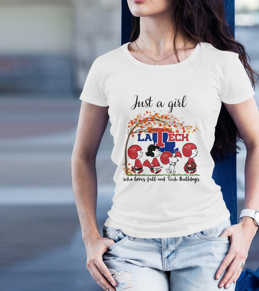 Just A Girl Who Loves Fall And LA Tech Bulldogs Peanuts Cartoon T-Shirt