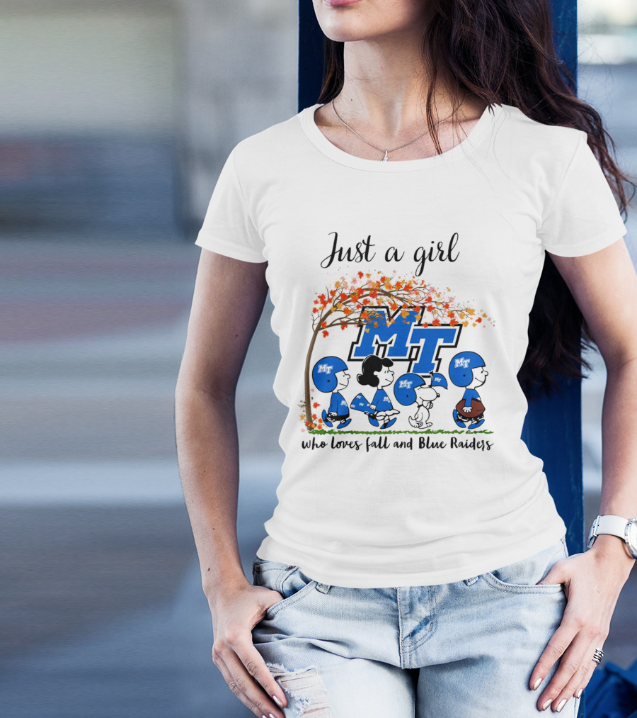 Just A Girl Who Loves Fall And Middle Tennessee Blue Raiders Peanuts Cartoon T-Shirt