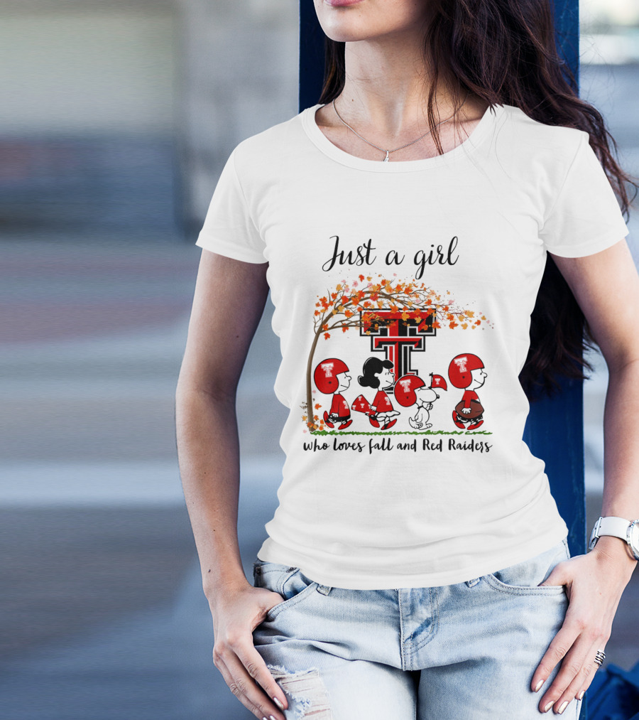 Just A Girl Who Loves Fall And Red Raiders Peanuts Cartoon Football Fans T-Shirt