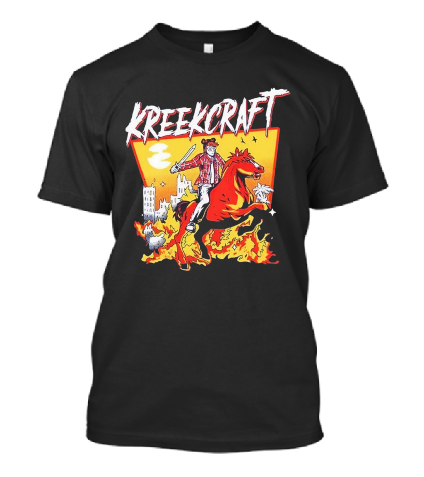 Kreekcraft Warrior Riding Fiery Horse In Urban Landscape T-Shirt