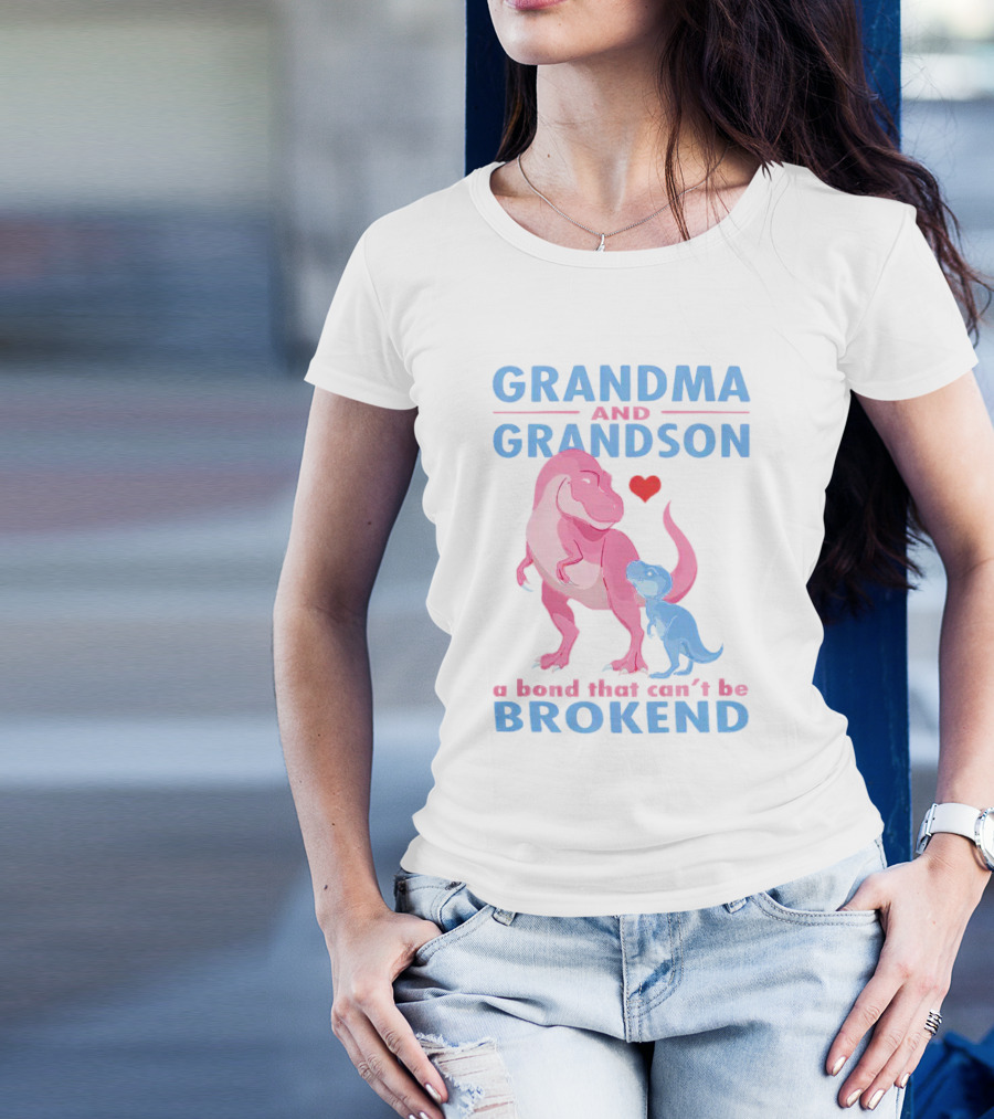 Grandma And Grandson A Bond That Can't Be Broken With Pink And Blue Dinosaurs And Heart T-Shirt
