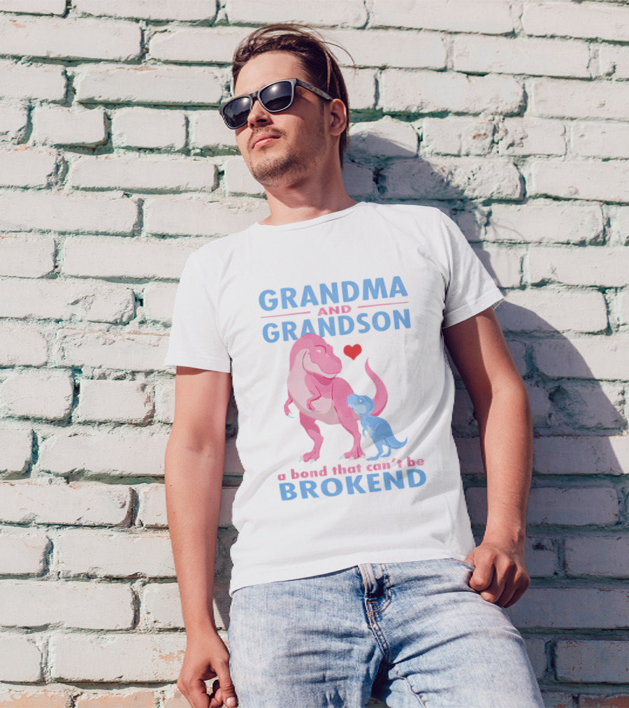 Grandma And Grandson A Bond That Can't Be Broken With Pink And Blue Dinosaurs And Heart T-Shirt