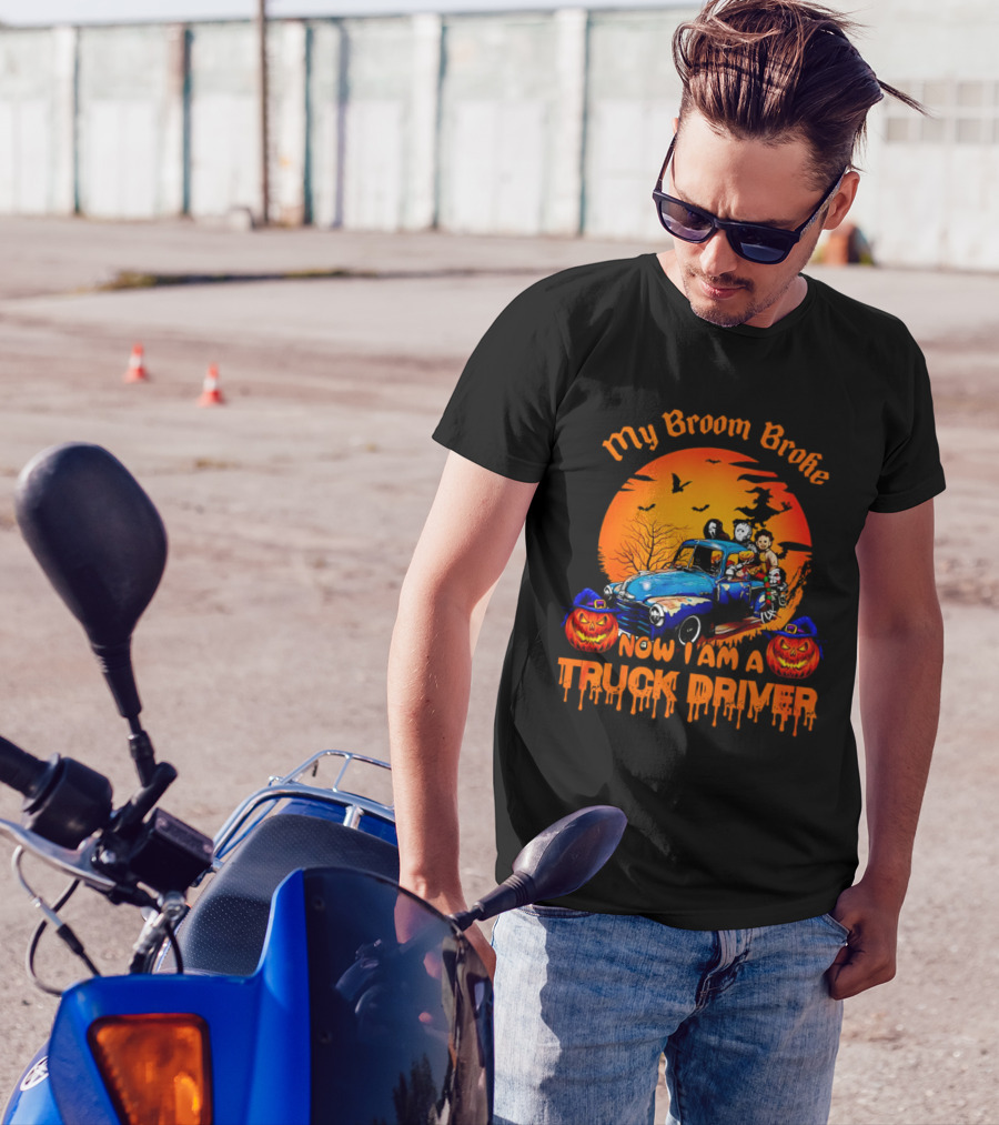 My Broom Broke Now I Am A Truck Driver Halloween Truck With Pumpkins And Ghosts T-Shirt