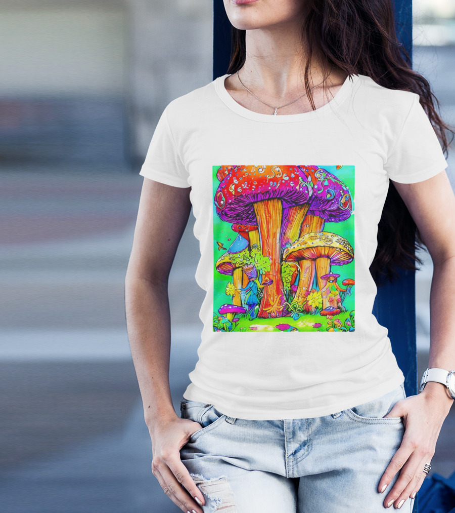 Multi Color Psychedelic Forest Mushrooms Fantasy T-Shirt