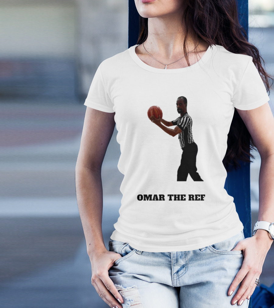 Omar The Ref Holding Basketball In Striped Uniform T-Shirt