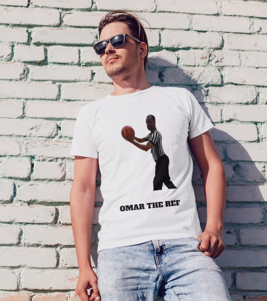 Omar The Ref Holding Basketball In Striped Uniform T-Shirt