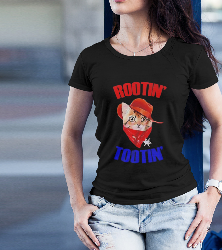 Rootin Tootin Cat Cowboy Vintage Red Hat And Bandana With Sheriff Star T-Shirt