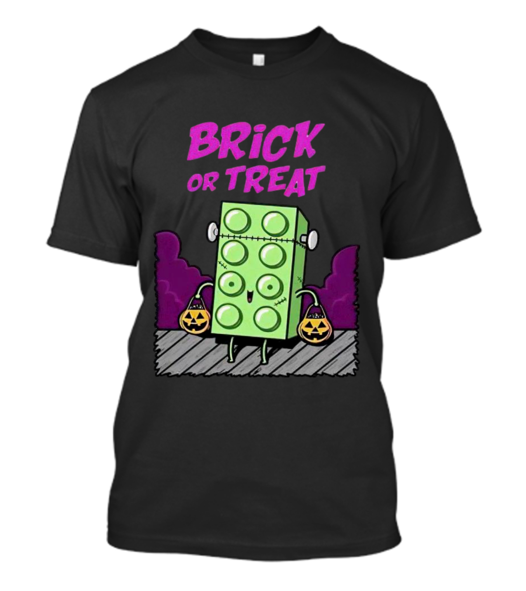 Brick Or Treat Halloween Green Block With Jack-o'-Lanterns Cartoon T-Shirt