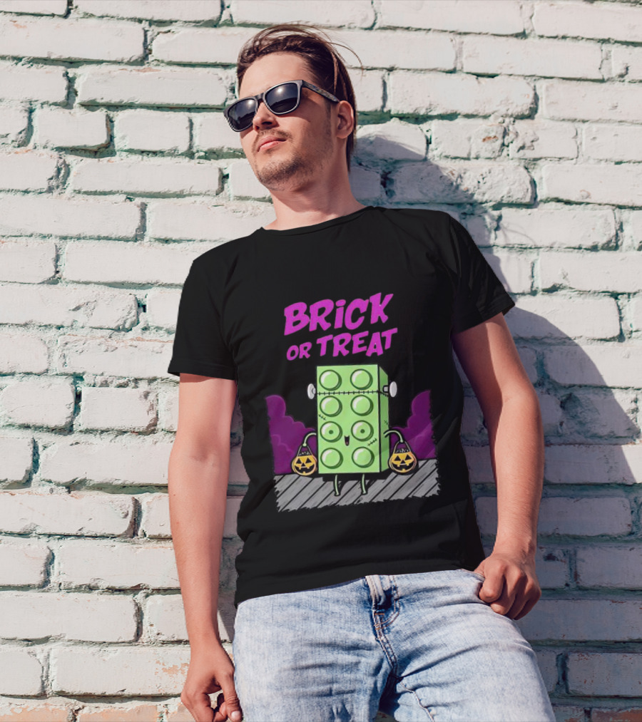 Brick Or Treat Halloween Green Block With Jack-o'-Lanterns Cartoon T-Shirt