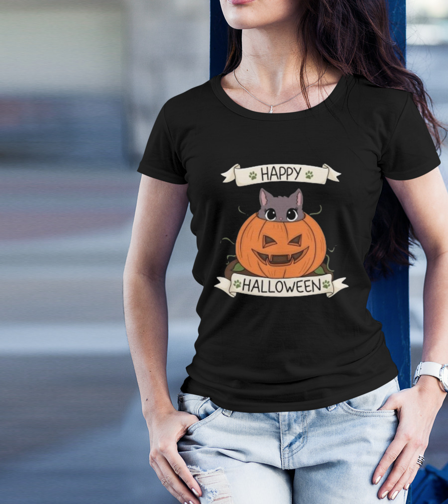 Happy Halloween Cute Cat In Pumpkin T-Shirt