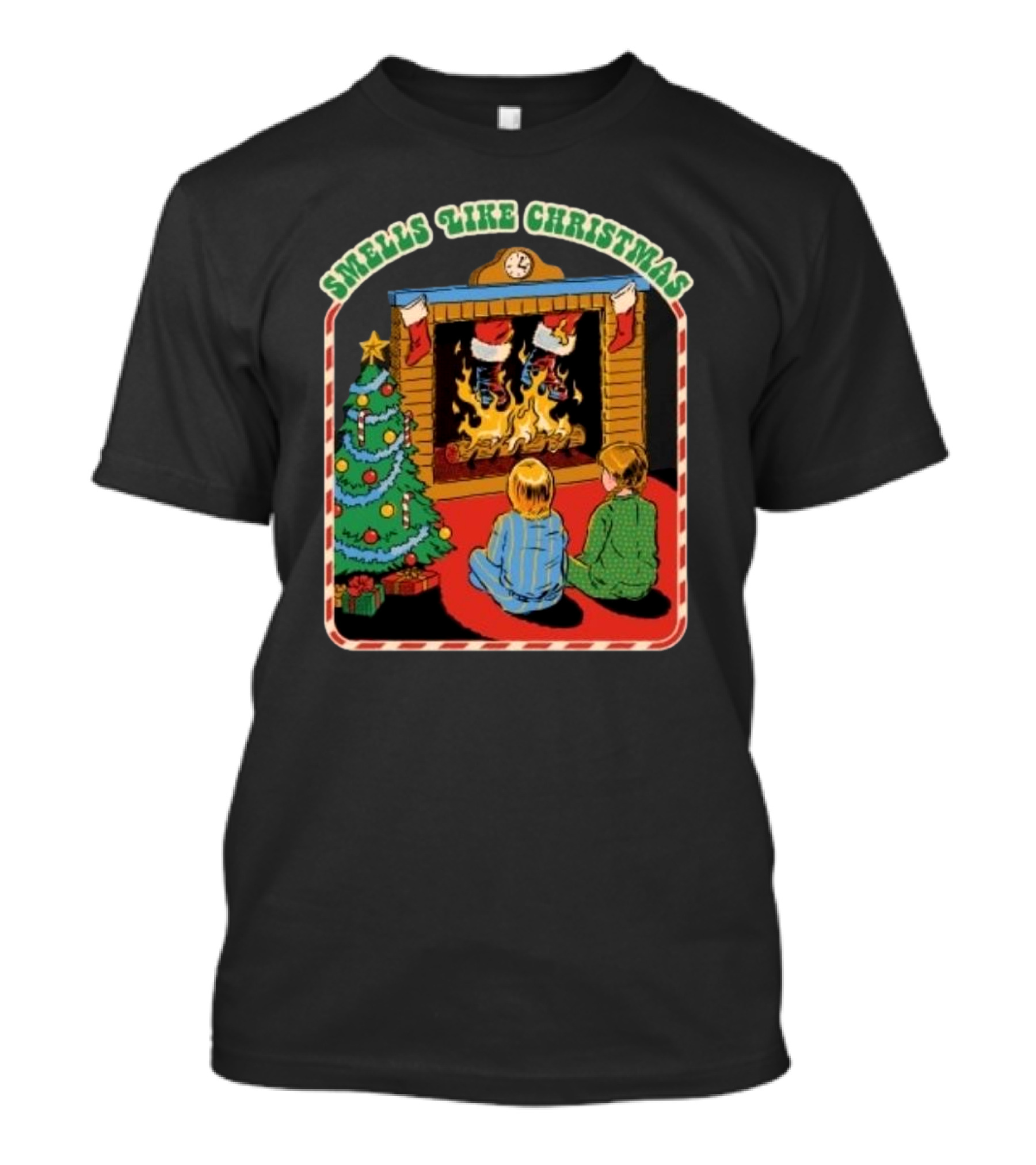 Smells Like Christmas By The Fireplace With Christmas Tree And Stockings T-Shirt