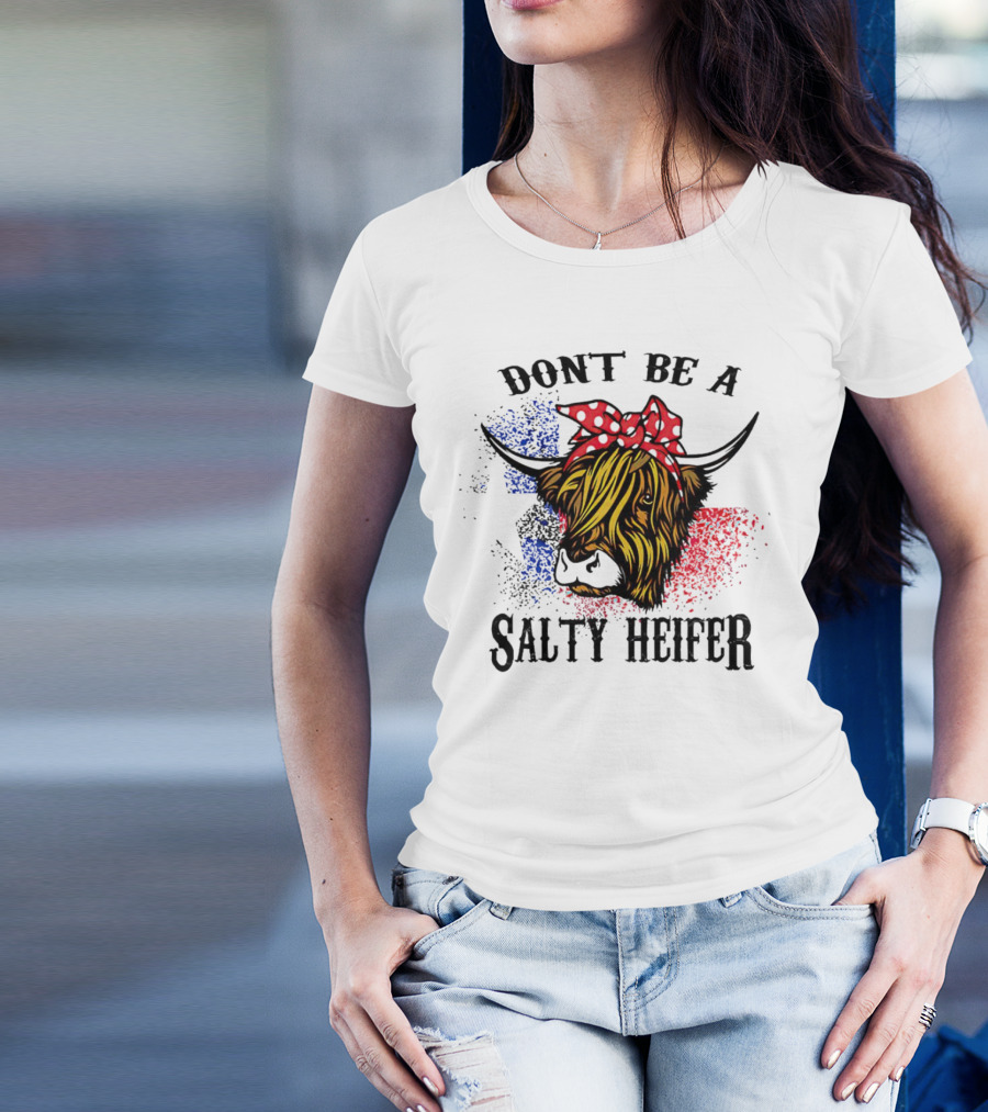 Don't Be A Salty Heifer Highland Cow With American Flag Colors T-Shirt