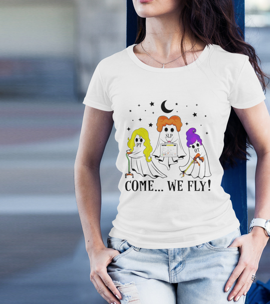 Hocus Pocus Come We Fly PT SLP OT Halloween Ghosts Black Cloaks Moon Stars T-Shirt