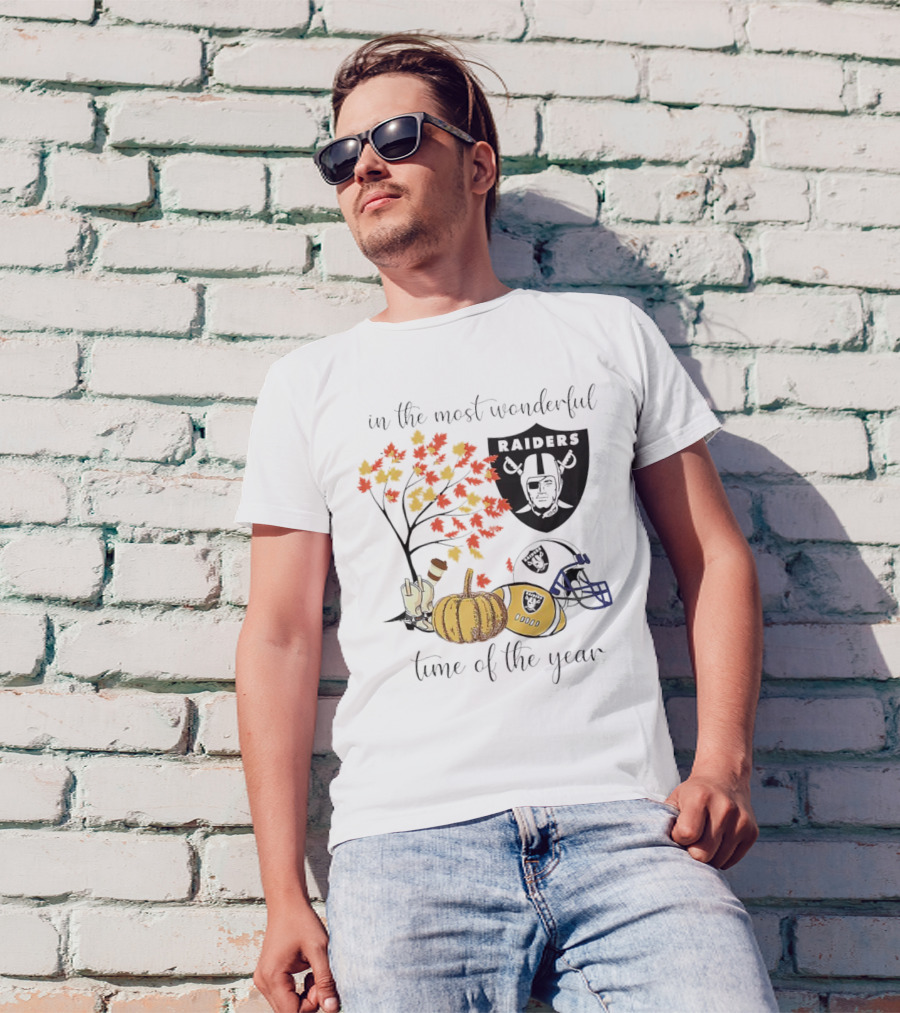 In The Most Wonderful Time Of The Year Raiders Football Thanksgiving Celebration With Autumn Leaves And Pumpkin T-Shirt