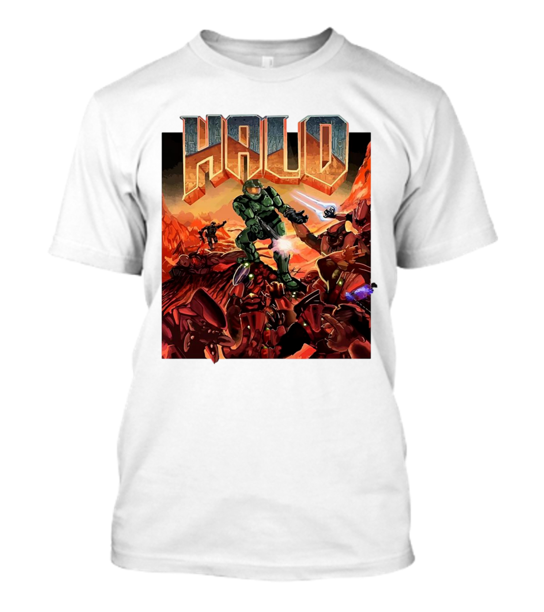 Halo Doom Crossover Battle Scene T-Shirt