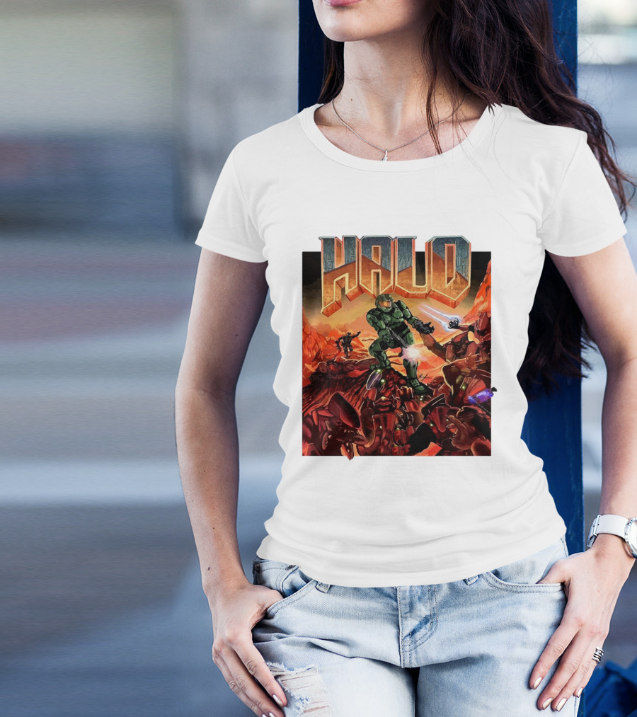 Halo Doom Crossover Battle Scene T-Shirt
