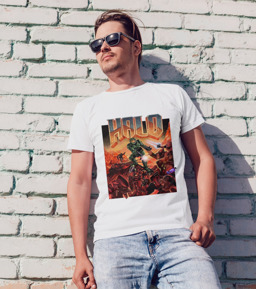 Halo Doom Crossover Battle Scene T-Shirt