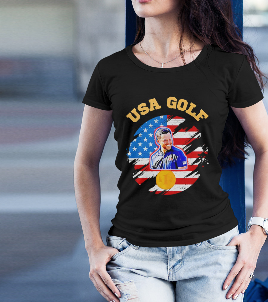 USA Golf Xander Schauffele USA Flag Gold Medal T-Shirt