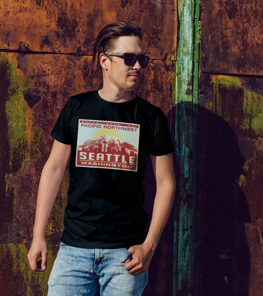 Seattle Pacific Northwest Established 1851 Washington Skyline Ferris Wheel Sun Mountain T-Shirt