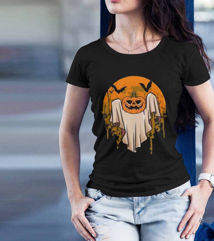 Ghostly Pumpkin Head With Bats And Full Moon T-Shirt