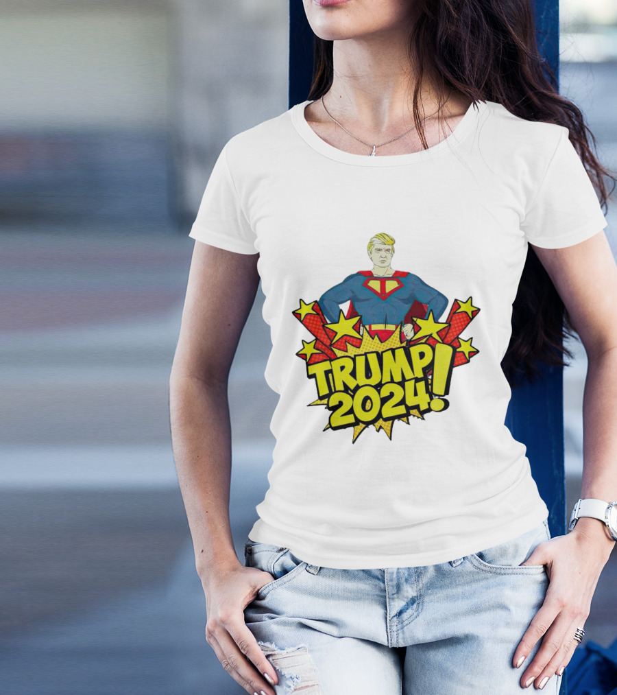 Trump 2024 Superhero Style With Comic Stars And Bursts T-Shirt