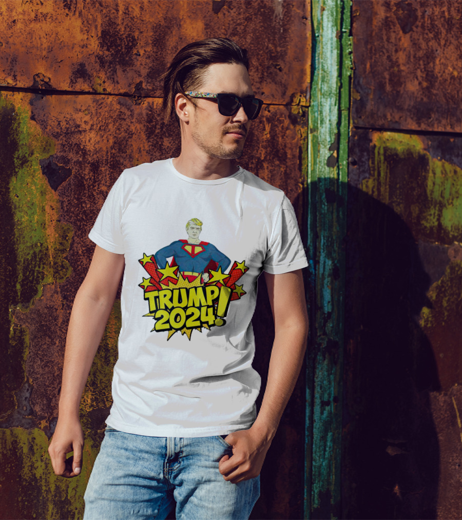 Trump 2024 Superhero Style With Comic Stars And Bursts T-Shirt
