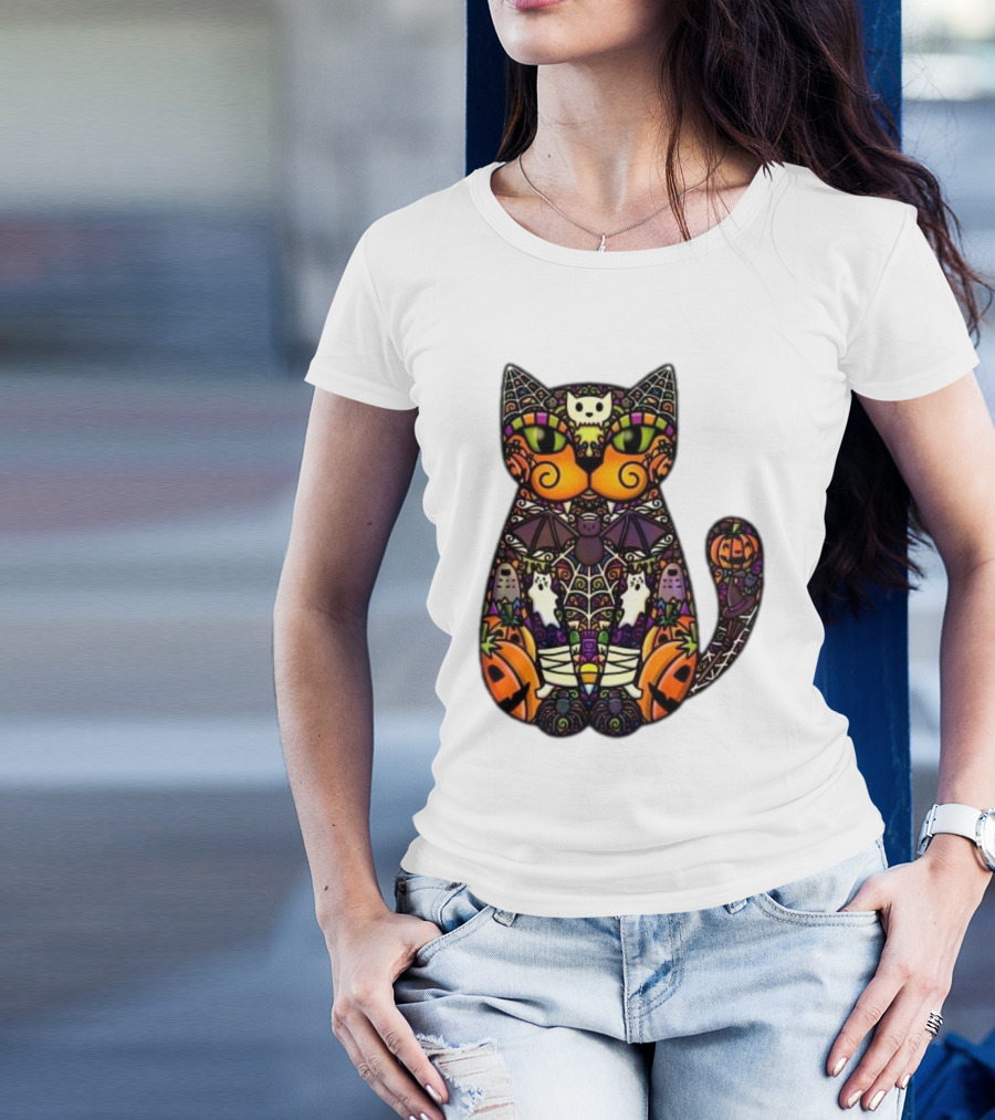 Halloween Cat With Pumpkins Ghosts And Bats T-Shirt