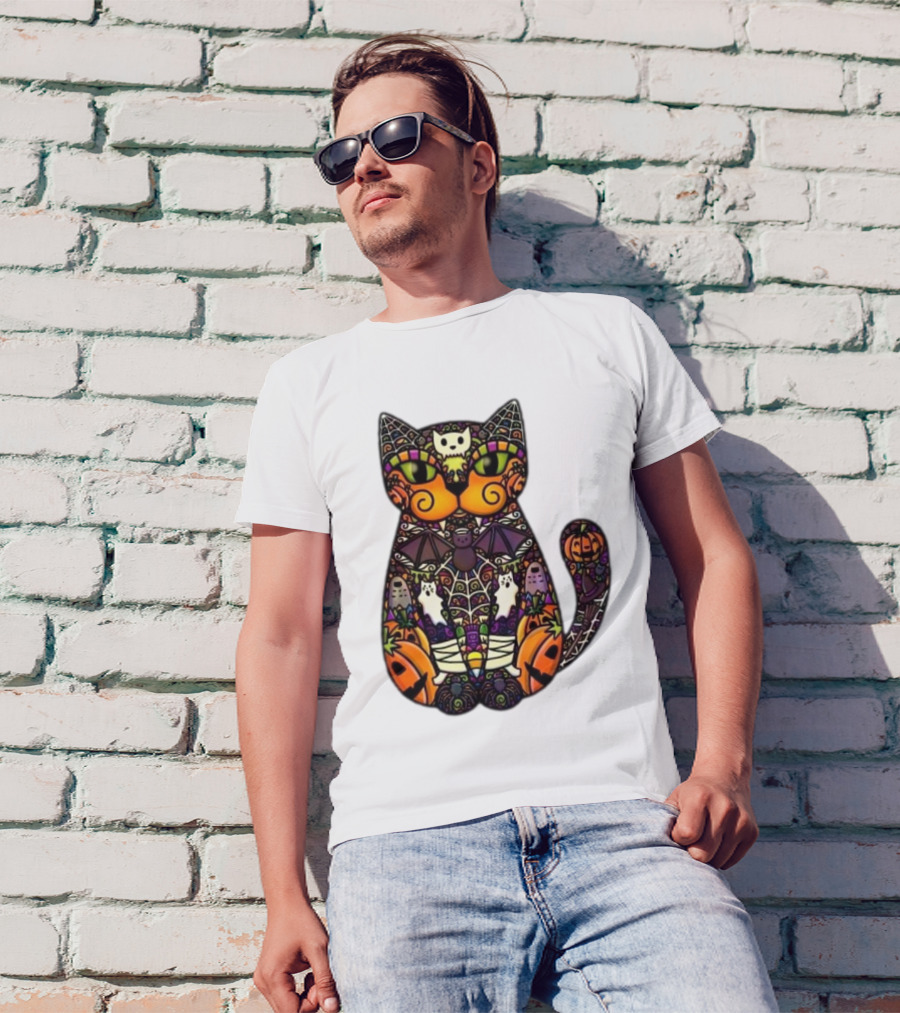 Halloween Cat With Pumpkins Ghosts And Bats T-Shirt