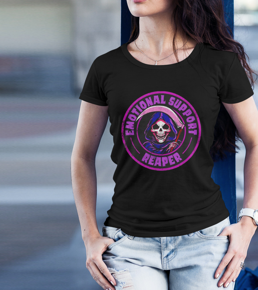 Emotional Support Reaper Skeleton With Scythe In Purple Hood T-Shirt