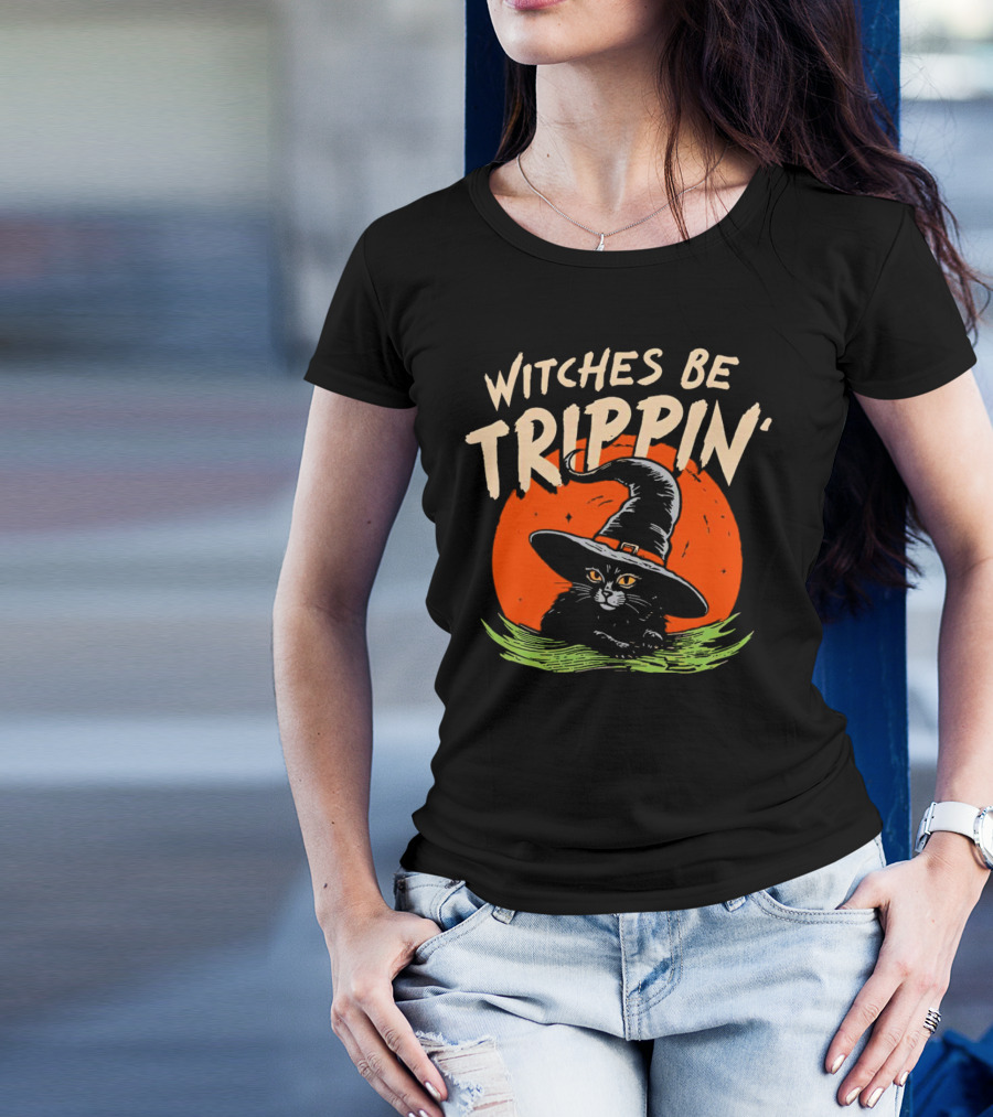 Witches Be Trippin’ Cat With Witch Hat And Red Moon Halloween T-Shirt