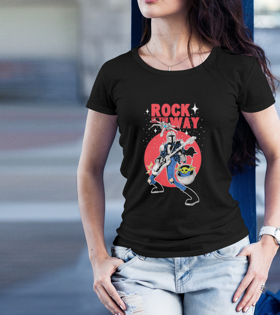 Rock Is The Way Din Djarin And Grogu Playing Guitar In Front Of Red Moon T-Shirt