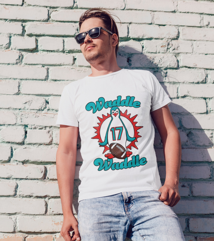 Waddle Waddle 17 Miami Dolphin Football Penguin T-Shirt