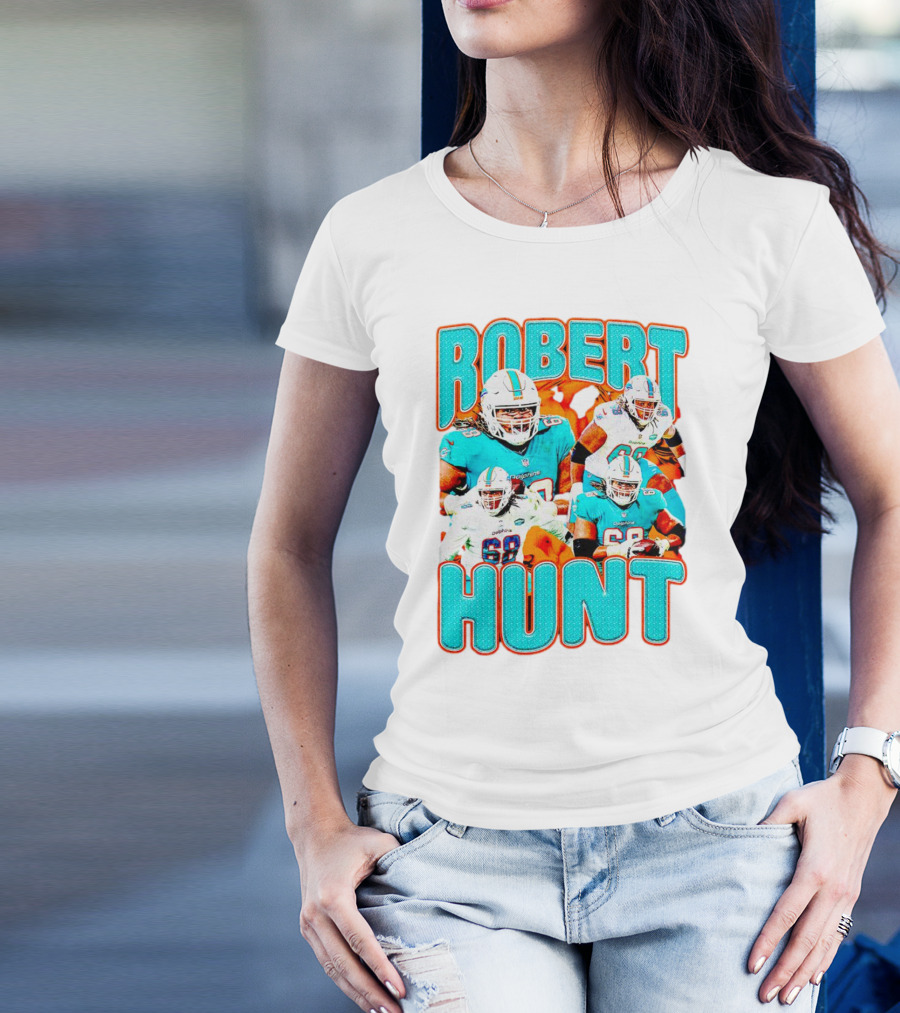 Robert Hunt Miami Dolphins 68 Vintage Football Collage T-Shirt