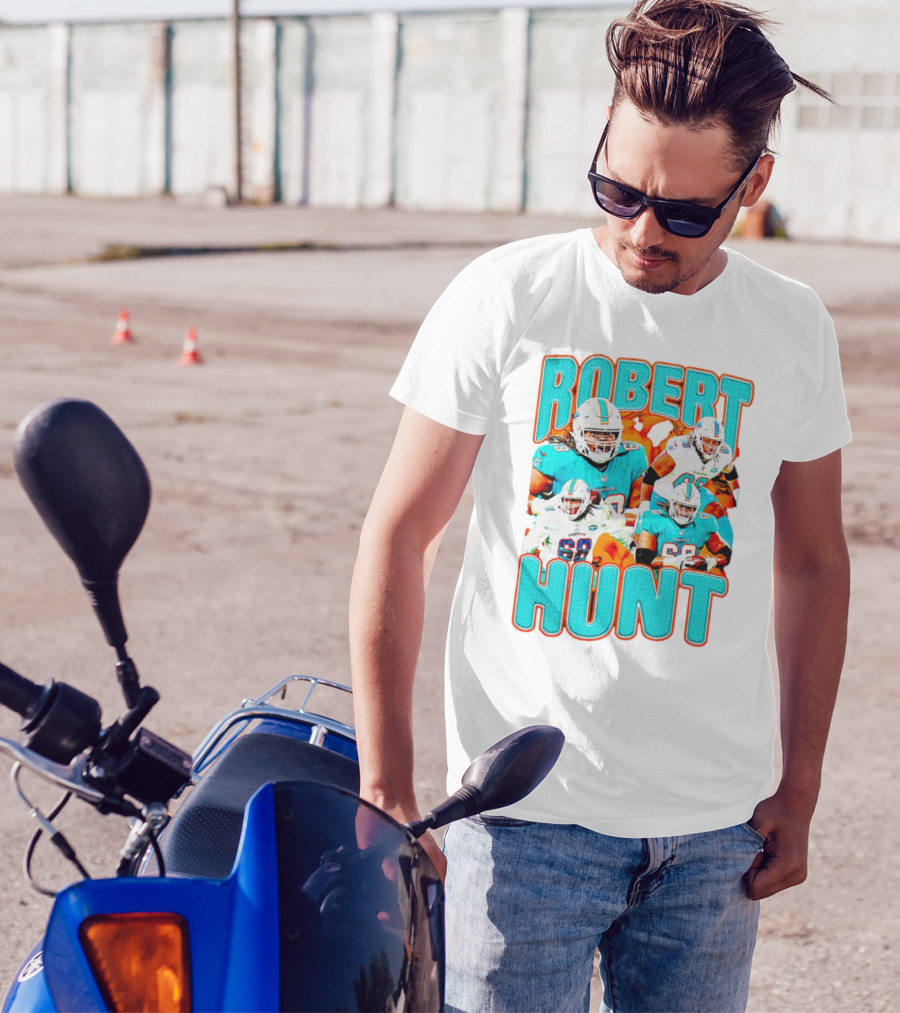 Robert Hunt Miami Dolphins 68 Vintage Football Collage T-Shirt