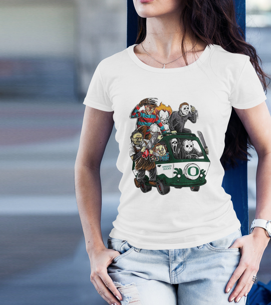 Oregon Ducks Horror Characters Bus Halloween Freddy Jason Michael Myers Pennywise Mask T-Shirt