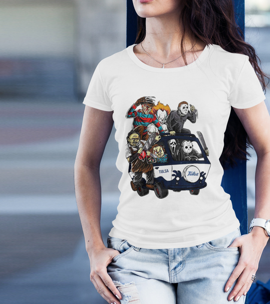 Tulsa Golden Hurricane Halloween Horror Characters Bus T-Shirt