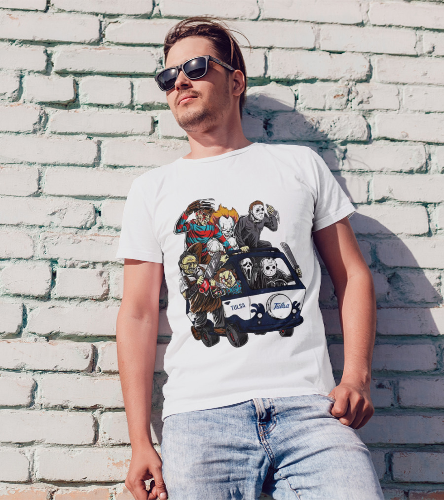 Tulsa Golden Hurricane Halloween Horror Characters Bus T-Shirt