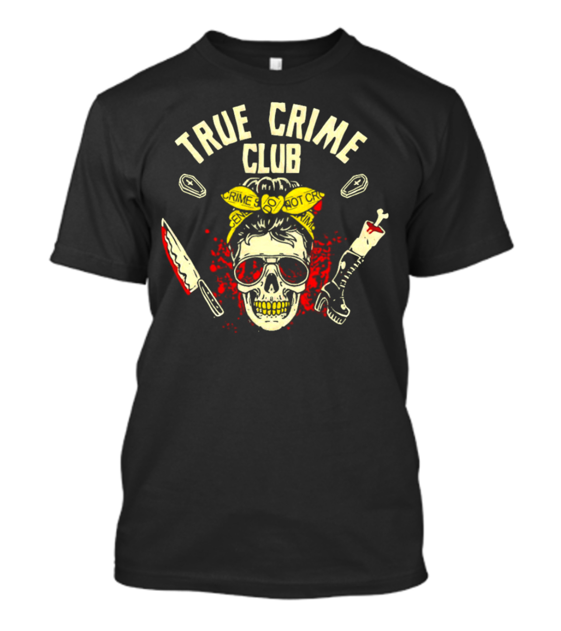 True Crime Club Messy Bun Skull With Crime Scene Elements T-Shirt
