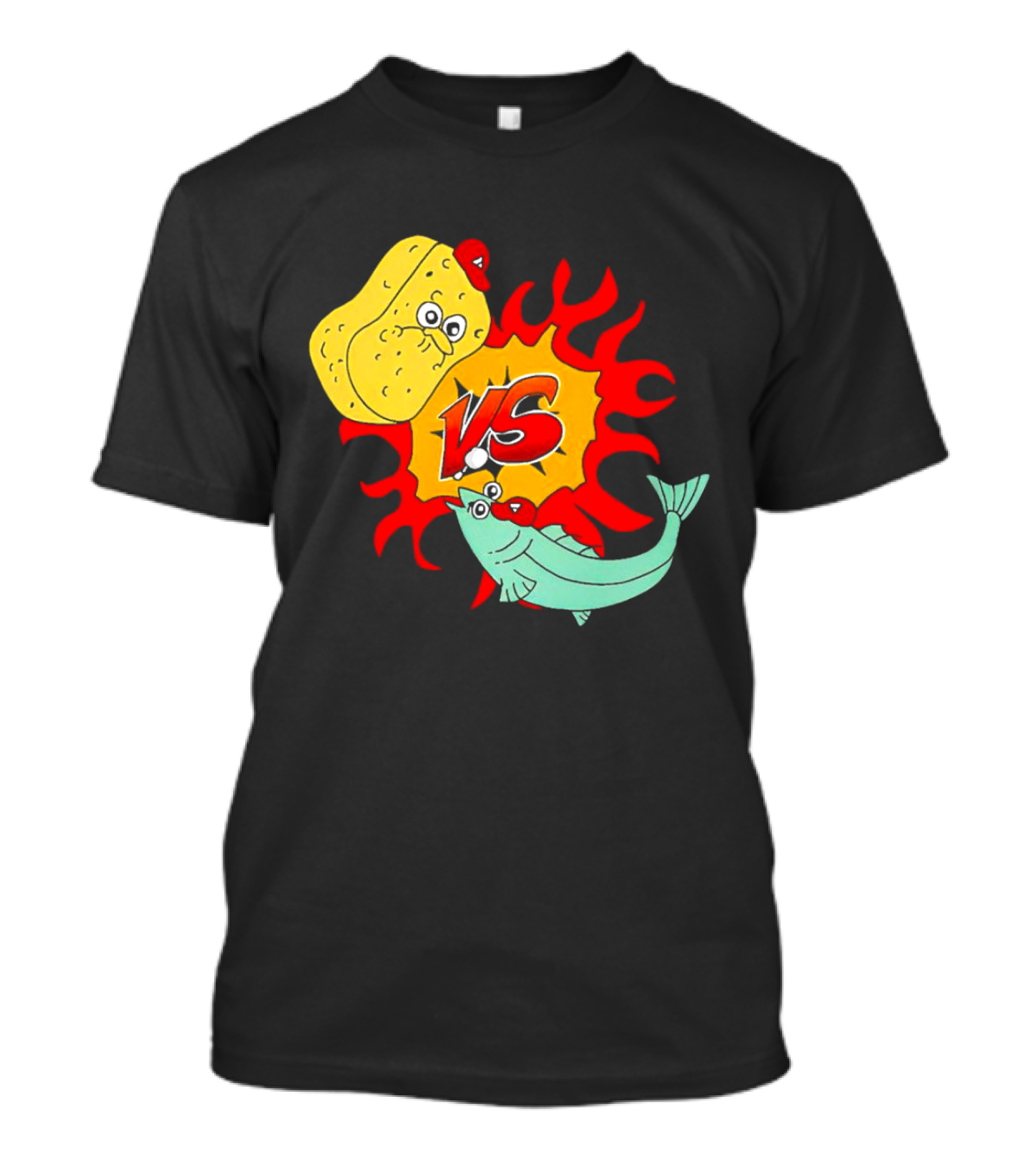 Sponge Vs Fish Cartoon Showdown With Flames T-Shirt