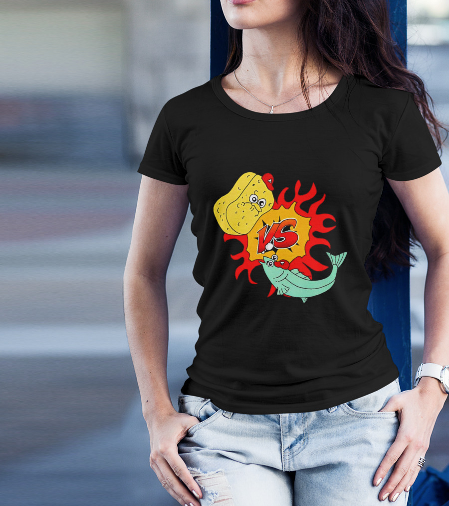 Sponge Vs Fish Cartoon Showdown With Flames T-Shirt