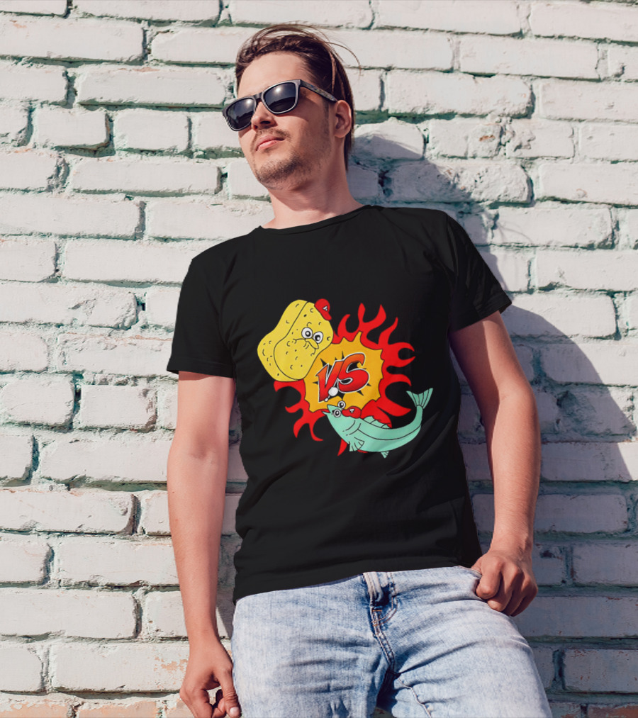 Sponge Vs Fish Cartoon Showdown With Flames T-Shirt