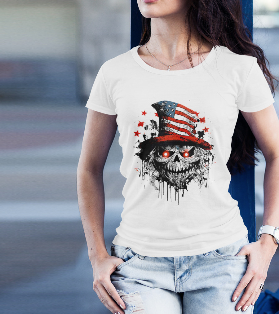 Creepy Uncle Sam Skeleton Skull Hat Dripping Red Eyes Halloween T-Shirt
