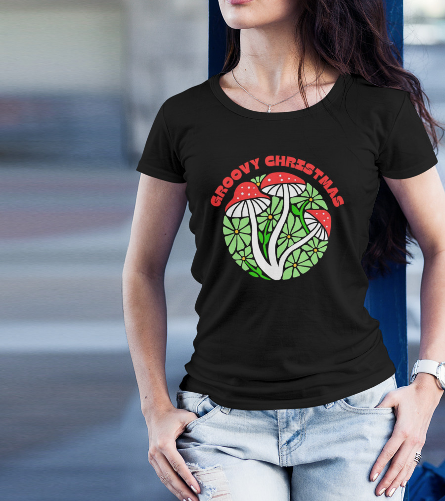 Groovy Christmas Psychedelic Mushrooms And Flowers T-Shirt