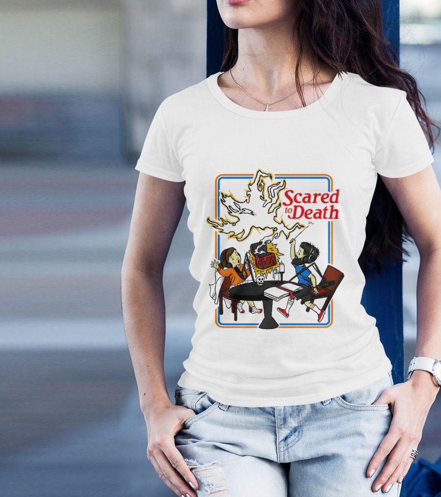 Scared To Death Podcast Horror Theme Two Hosts With Headphones Ghostly Flames T-Shirt